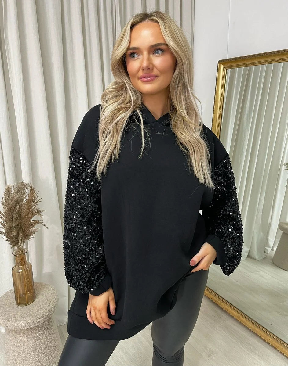 Kristen Oversized Sequin Sleeve Knitted Hoodie Jumper - 2 colours