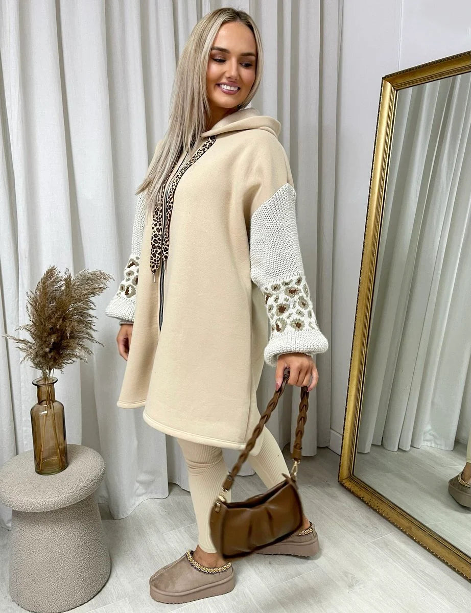 Angelina Leopard Print Knitted Sleeve Hoodie - 3 colours