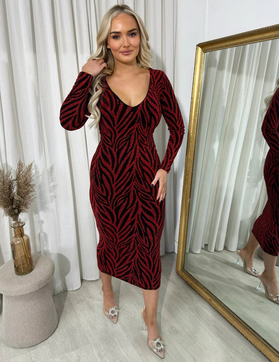 Evelyn Printed V-Neck Long Sleeve Glitter Midi Dress - 4 colours