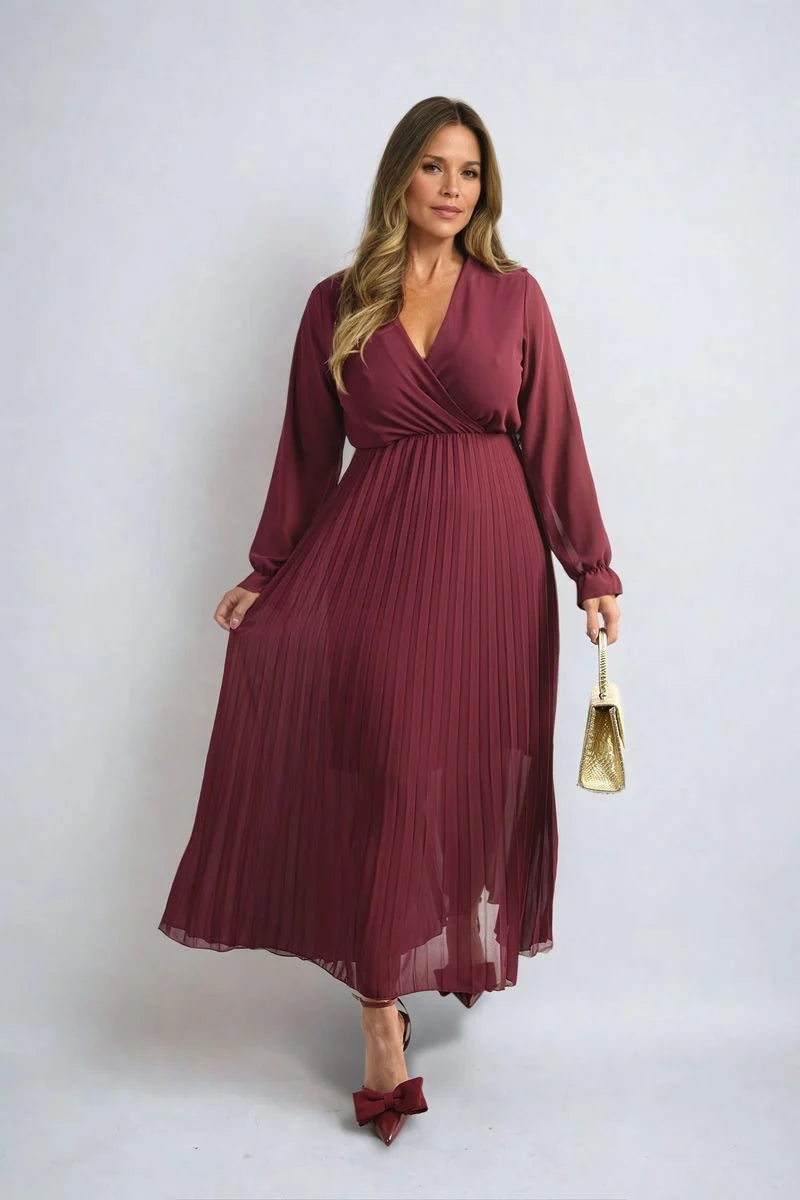 Myra Long Sleeve V-Neck Pleated Maxi Dress - 3 colours