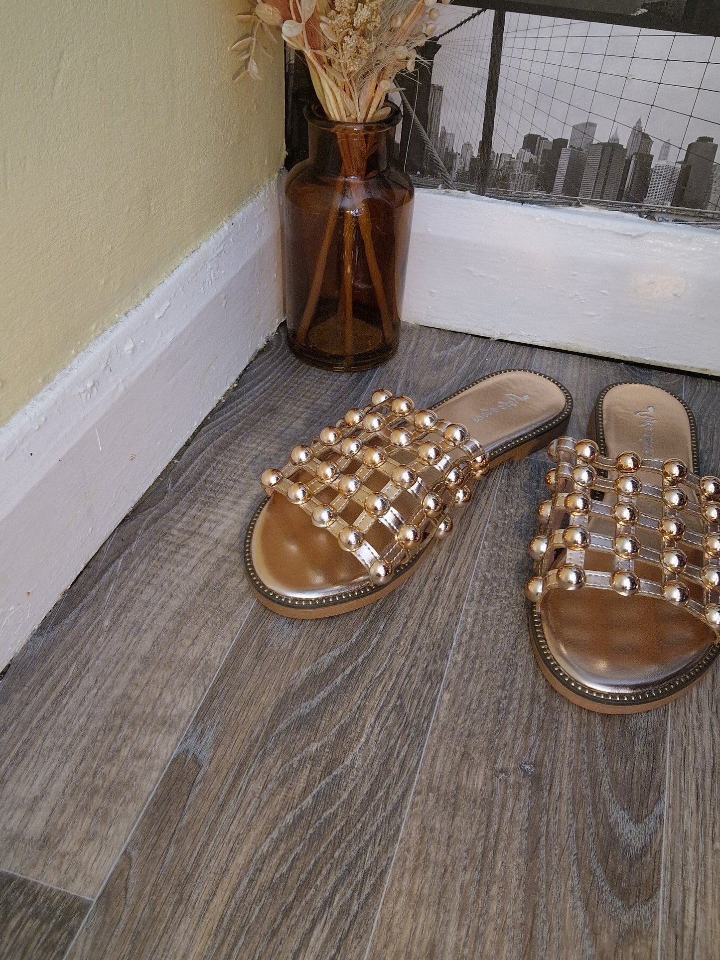 Rose Gold Studded Caged Slider Sandals