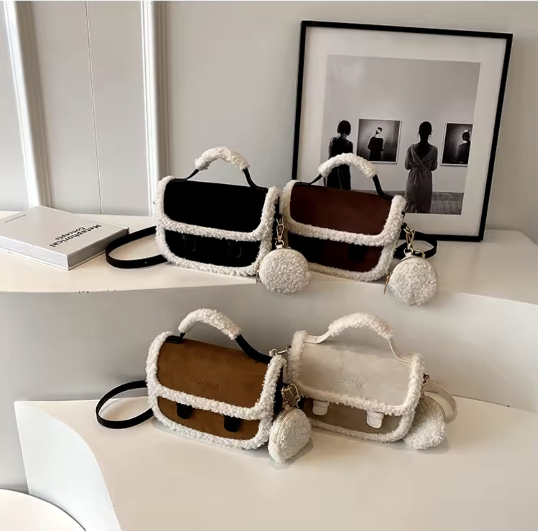 Plush Small Square Bag Colour Contrast Design Shoulder Crossbody Handbag - 4 colours