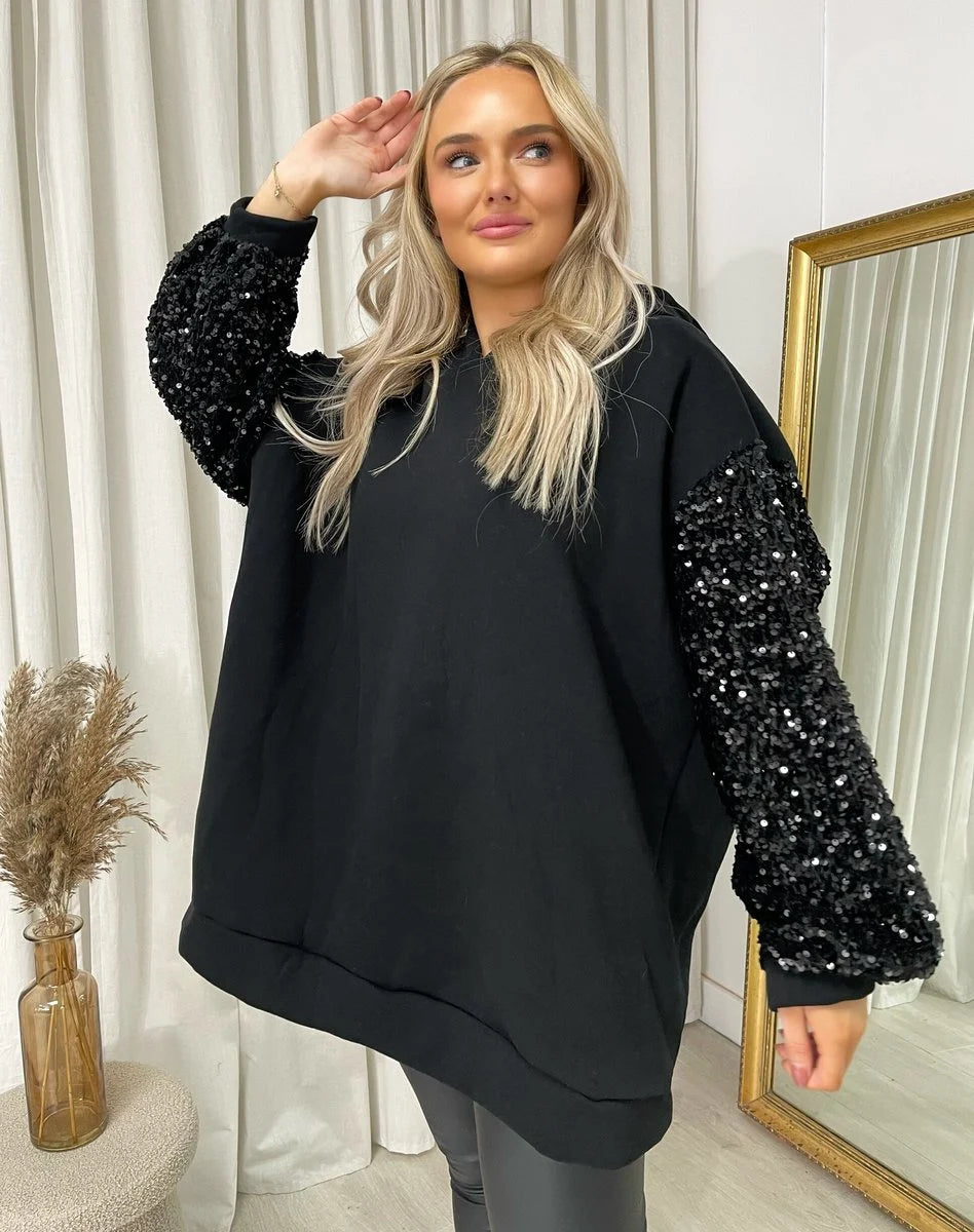 Kristen Oversized Sequin Sleeve Knitted Hoodie Jumper - 2 colours