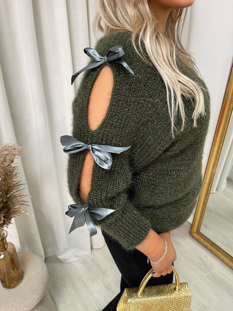 Abby Cut Out Tie Bow Sleeve Detail Chunky Knitted Top - 6 colours