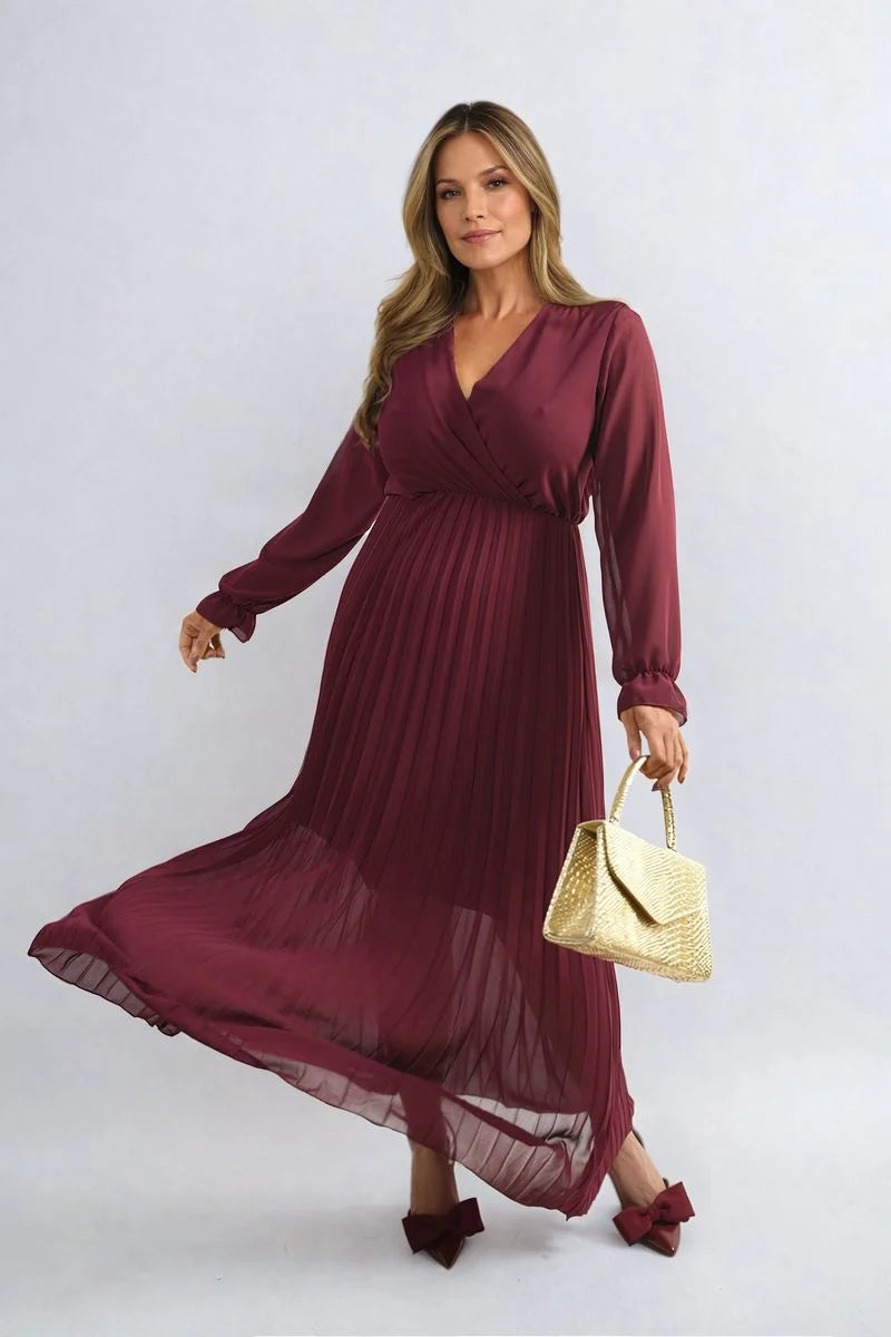 Myra Long Sleeve V-Neck Pleated Maxi Dress - 3 colours