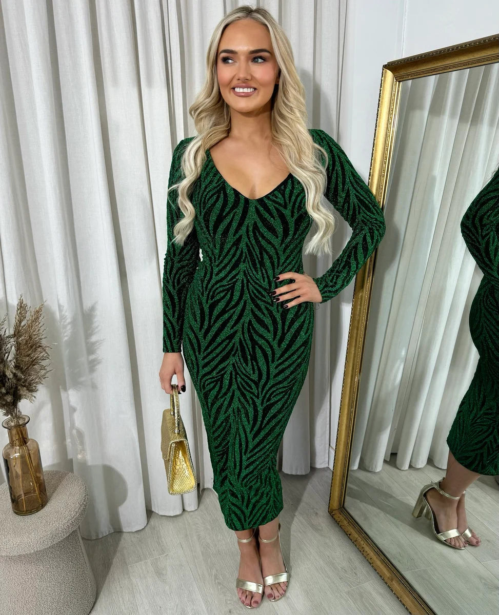 Evelyn Printed V-Neck Long Sleeve Glitter Midi Dress - 4 colours