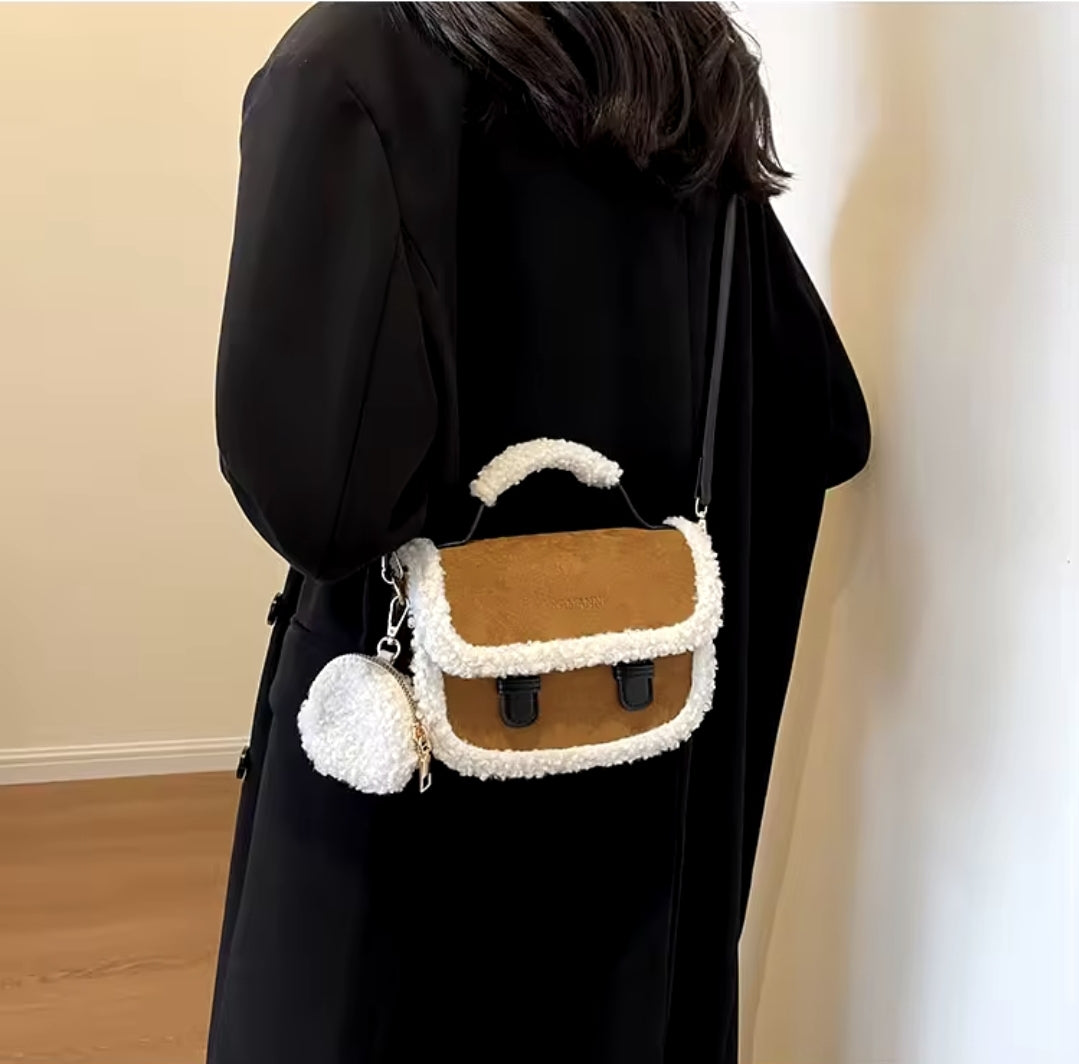 Plush Small Square Bag Colour Contrast Design Shoulder Crossbody Handbag - 4 colours