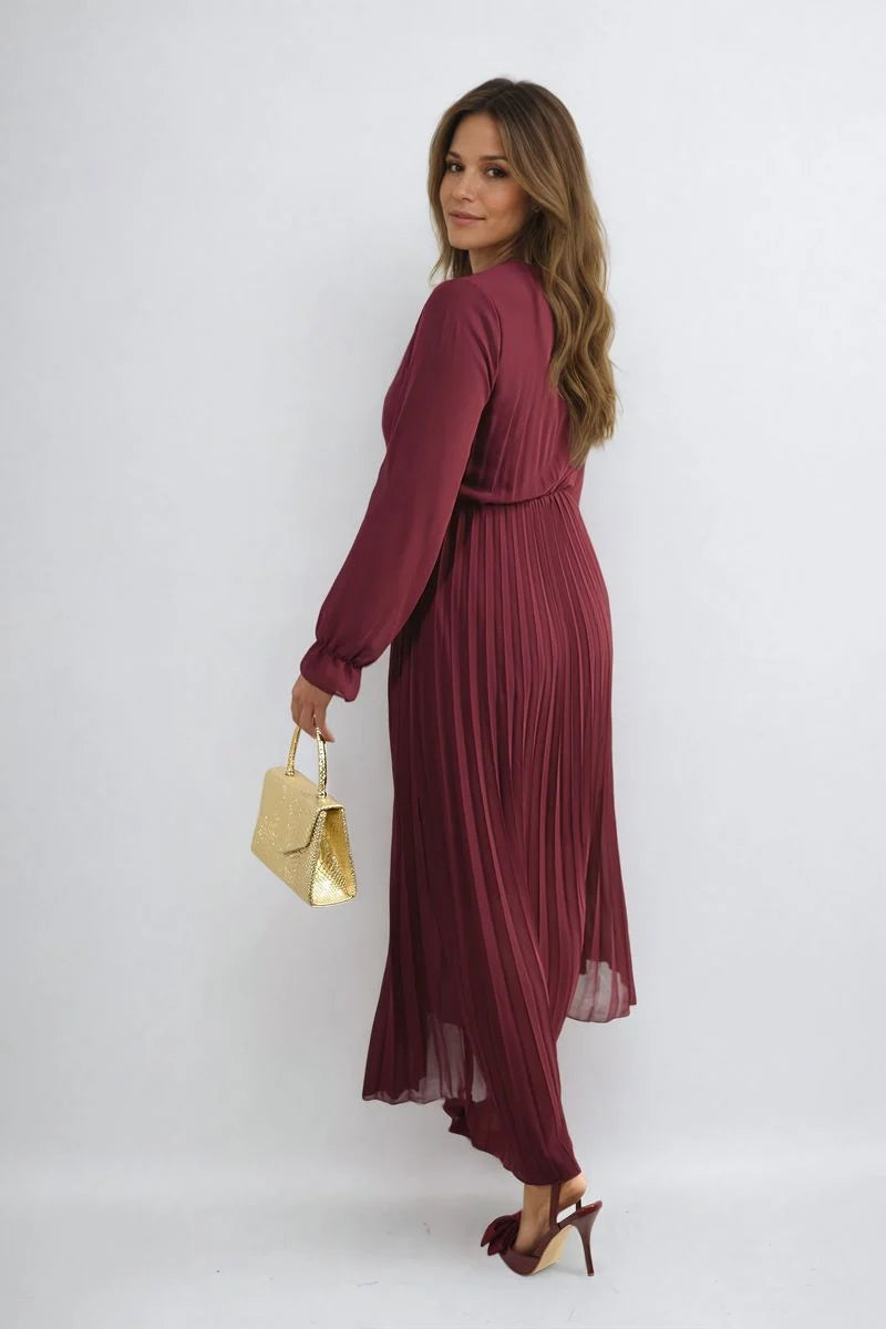 Myra Long Sleeve V-Neck Pleated Maxi Dress - 3 colours