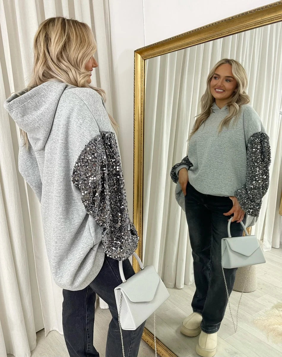 Kristen Oversized Sequin Sleeve Knitted Hoodie Jumper - 2 colours