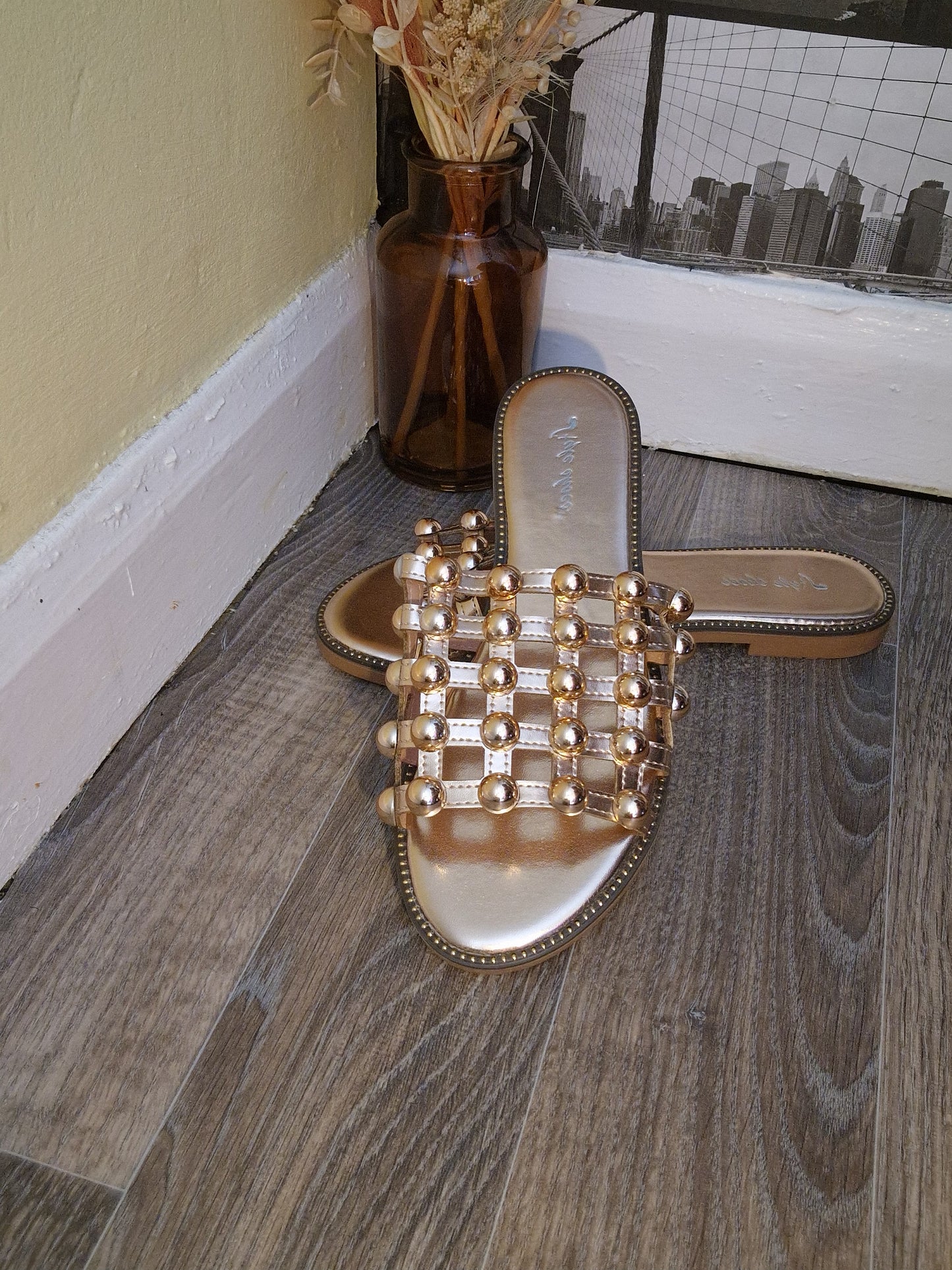 Rose Gold Studded Caged Slider Sandals