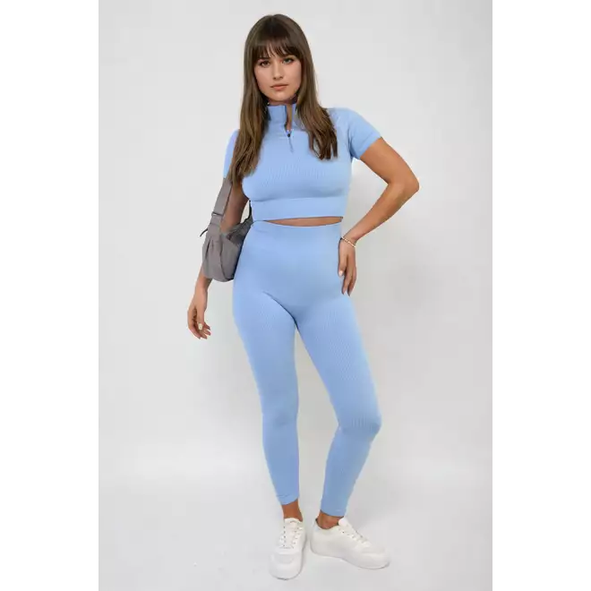 Ayah Ribbed Half Zip Crop Top and High Waist Leggings Co-ord Set - 8 colours