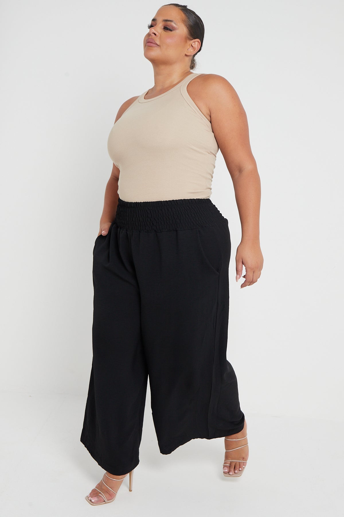 Curve Black Wide Leg Trousers Elasticated Waistband With Pockets