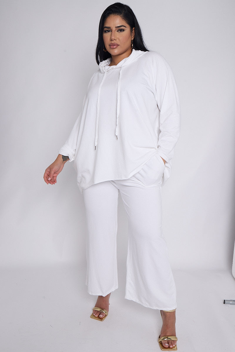 Curve White 2 Piece Loungewear Co Ord Set With Hooded Top & Cropped Trousers