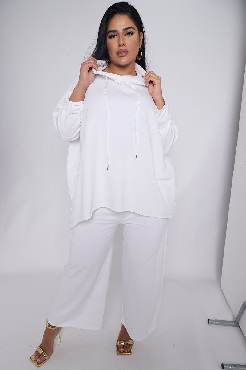 Curve White 2 Piece Loungewear Co Ord Set With Hooded Top & Cropped Trousers