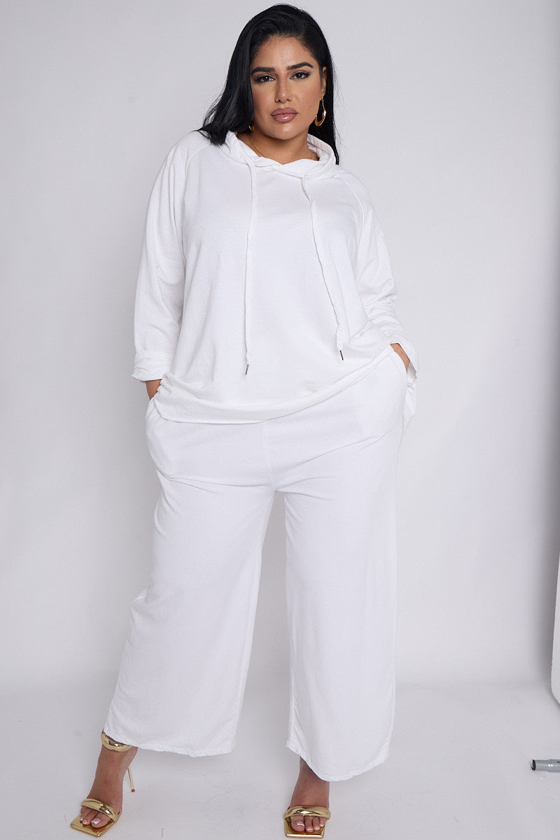 Curve White 2 Piece Loungewear Co Ord Set With Hooded Top & Cropped Trousers