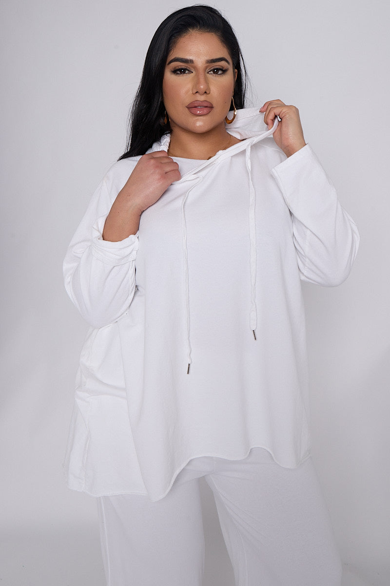 Curve White 2 Piece Loungewear Co Ord Set With Hooded Top & Cropped Trousers