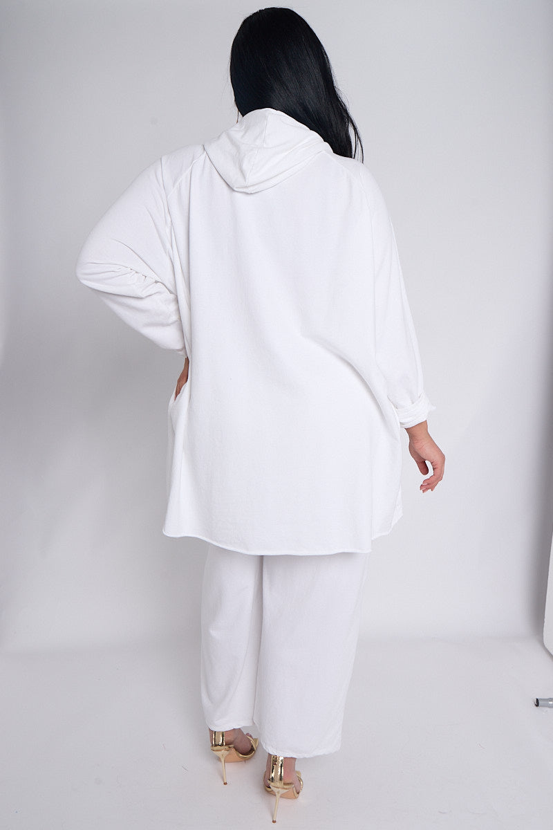 Curve White 2 Piece Loungewear Co Ord Set With Hooded Top & Cropped Trousers