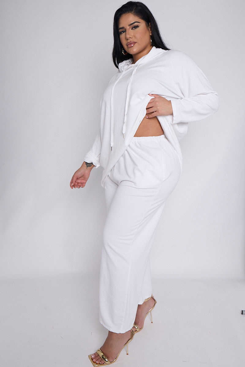 Curve White 2 Piece Loungewear Co Ord Set With Hooded Top & Cropped Trousers